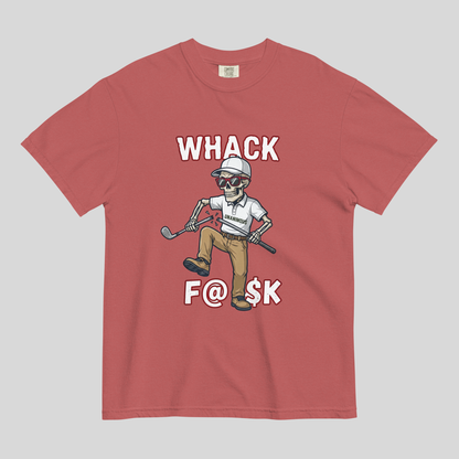 Whack F@$k skeleton golfer breaking golf club t-shirt design close-up