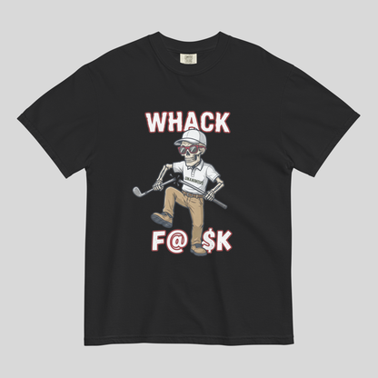 Whack F@$k skeleton golfer breaking golf club t-shirt on Comfort Colors 1717 tee