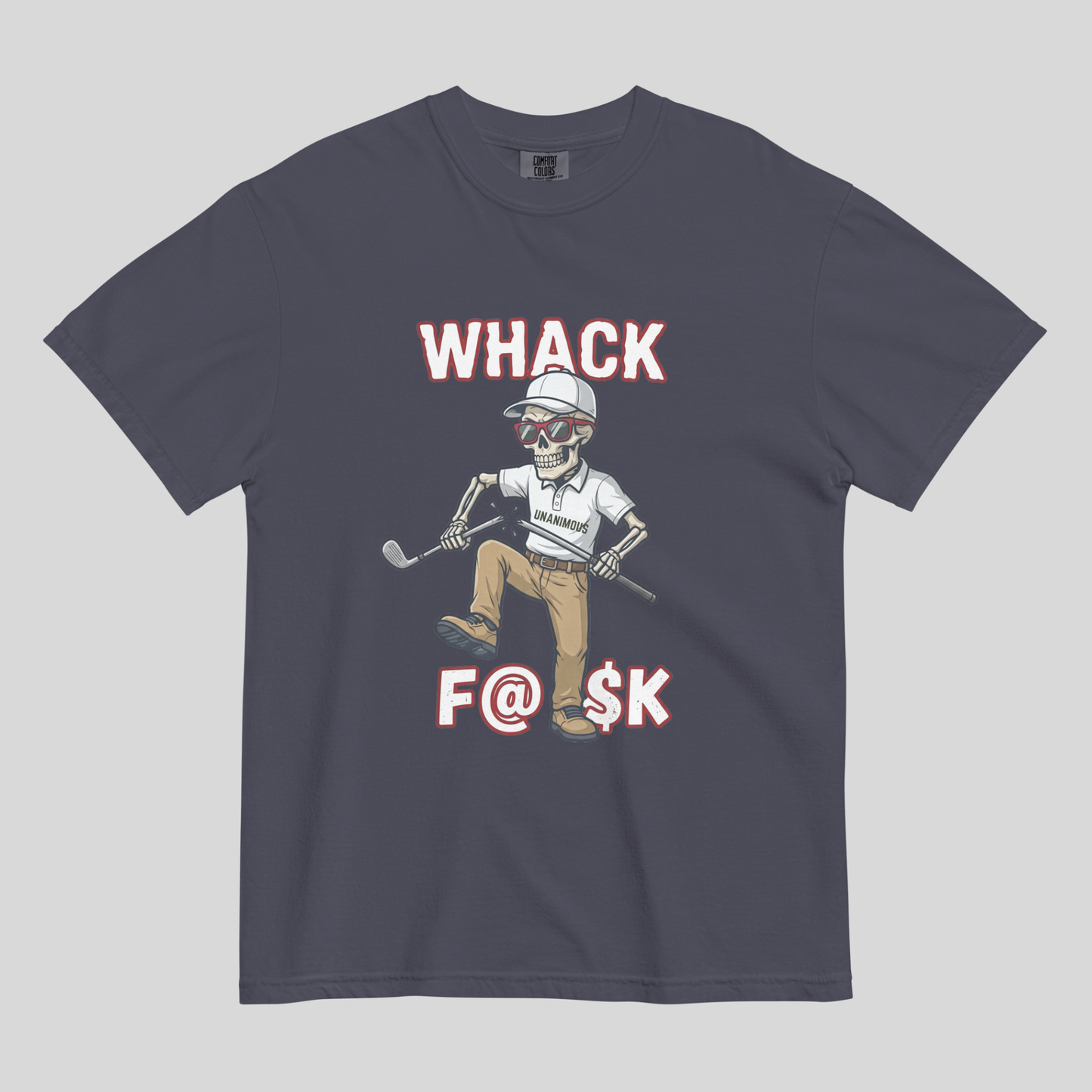 Whack F@$k skeleton golfer breaking golf club t-shirt design close-up