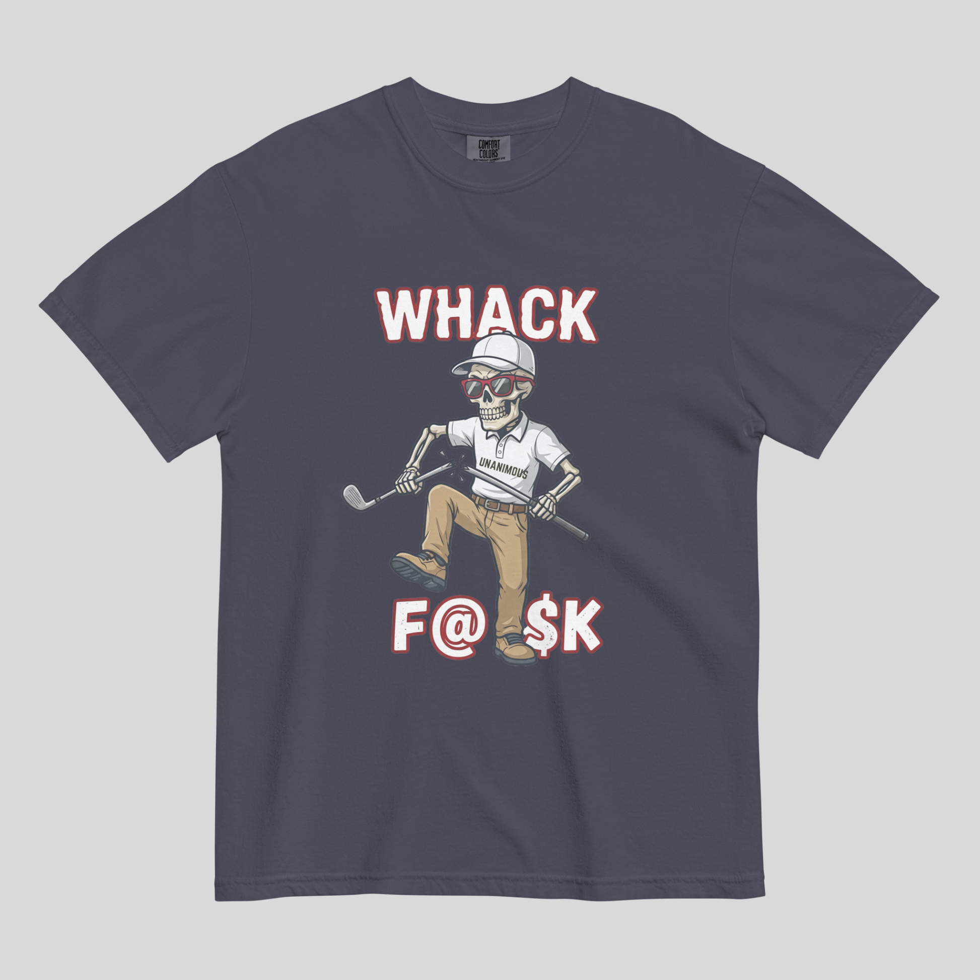 Whack F@$k skeleton golfer breaking golf club t-shirt design close-up
