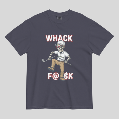 Whack F@$k skeleton golfer breaking golf club t-shirt design close-up