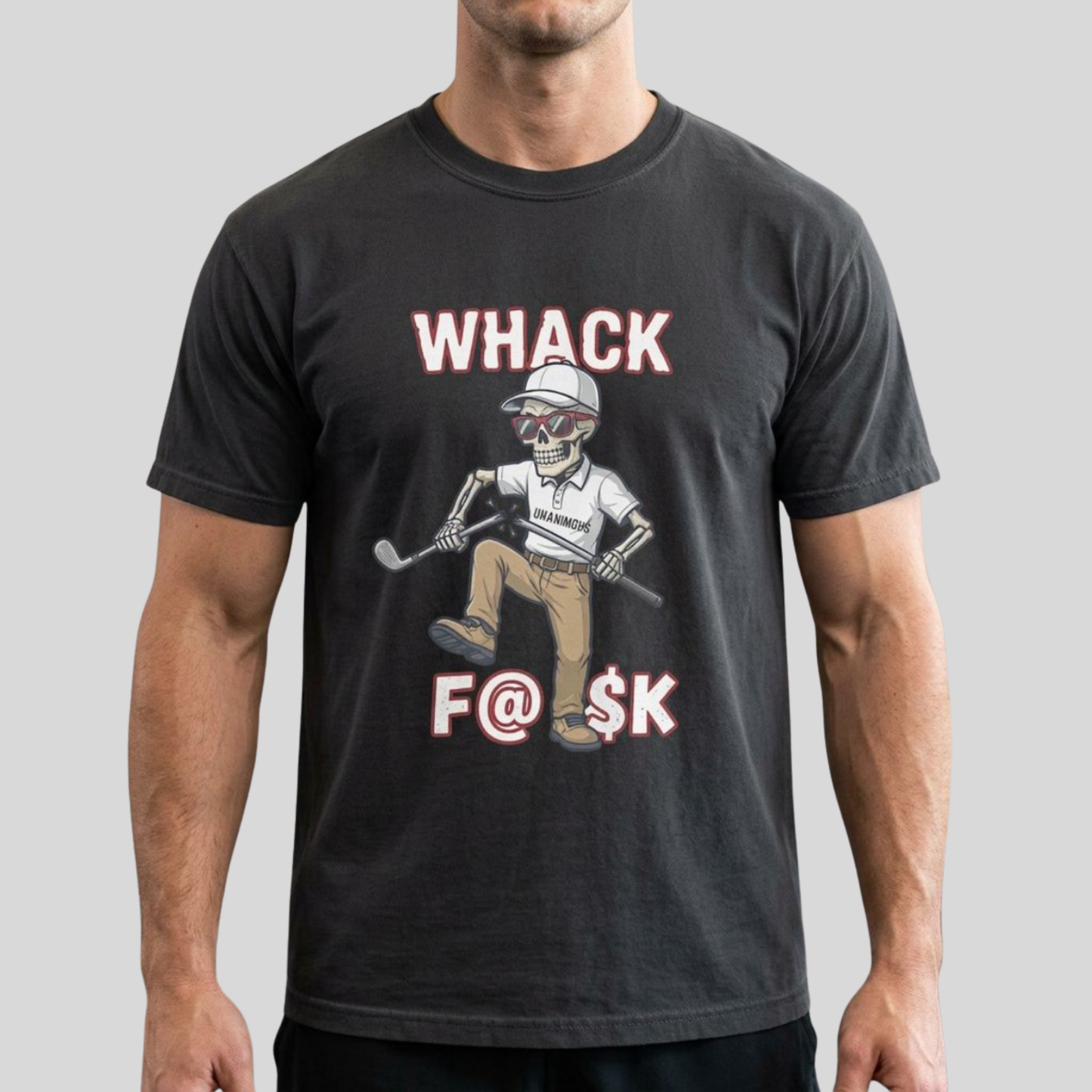 Whack F@$k skeleton golfer breaking golf club t-shirt design close-up
