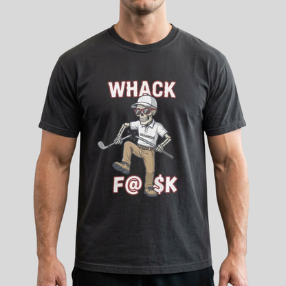 Whack F@$k skeleton golfer breaking golf club t-shirt design close-up