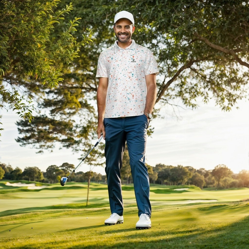 Aqua-orange paint splatter golf polo shirt for men