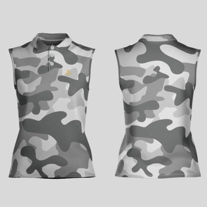 Grey Camo Sleeveless Golf Polo Shirt For Ladies