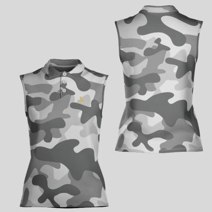Grey Camo Sleeveless Golf Polo Shirt For Ladies