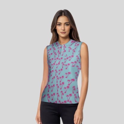 palm Tree Sleeveless Golf Polo Shirt for ladies