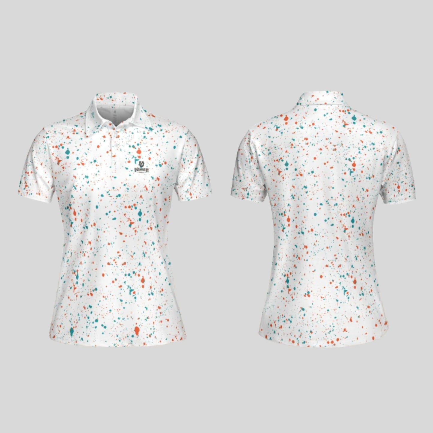 Aqua-orange paint splatter golf polo shirt for women