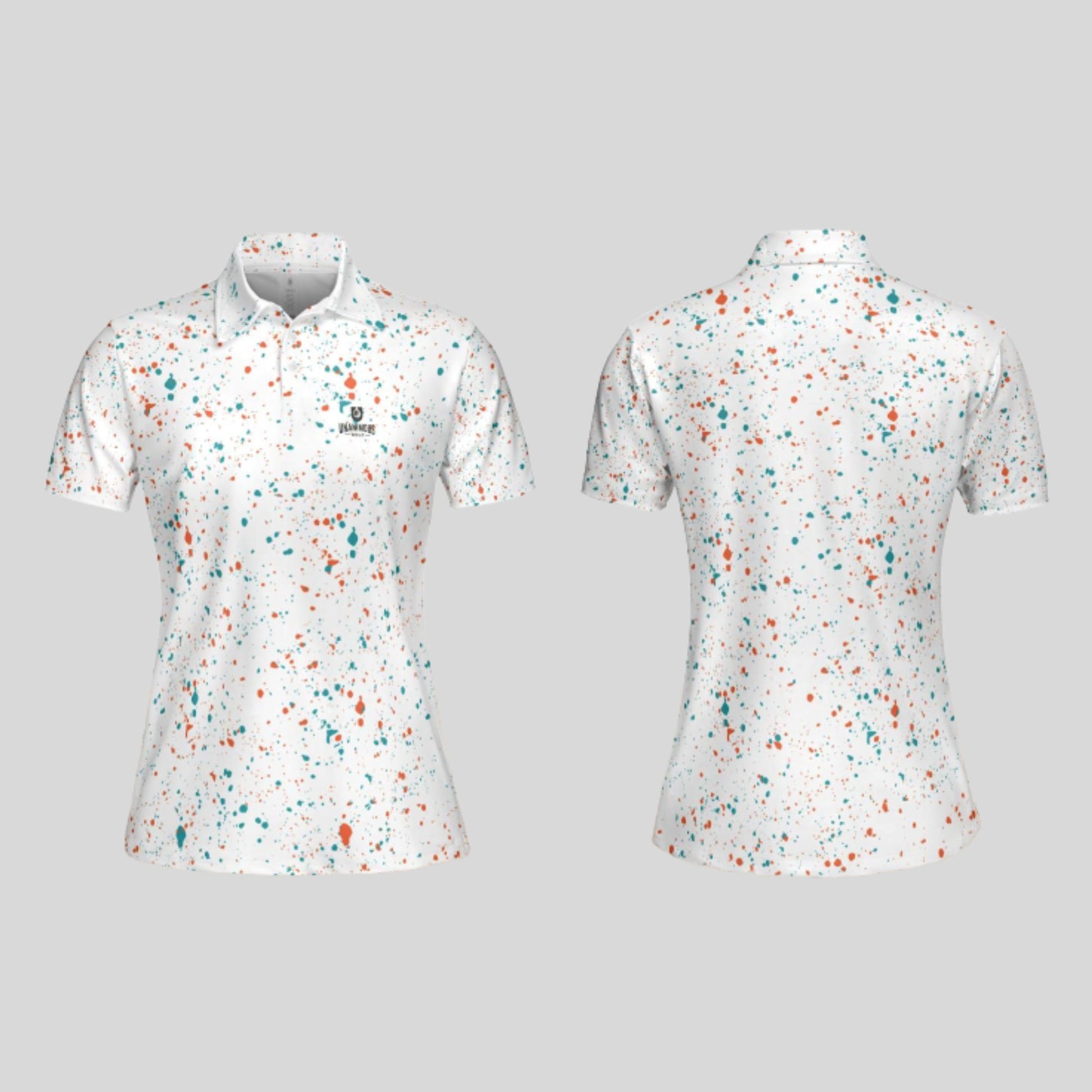 Aqua-orange paint splatter golf polo shirt for women
