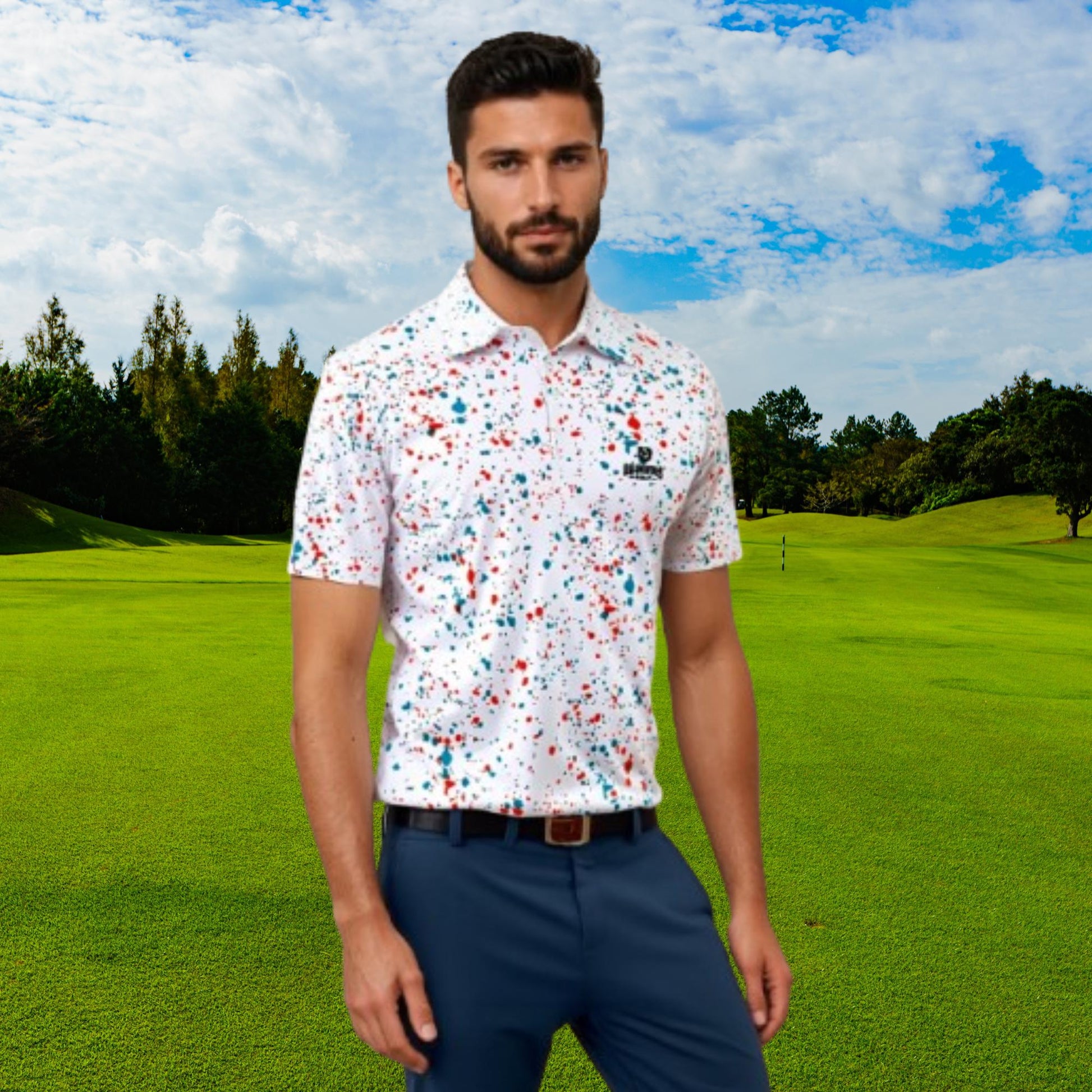 Aqua-orange paint splatter golf polo shirt for men