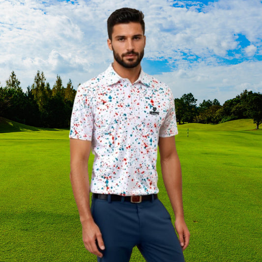 Aqua-orange paint splatter golf polo shirt for men