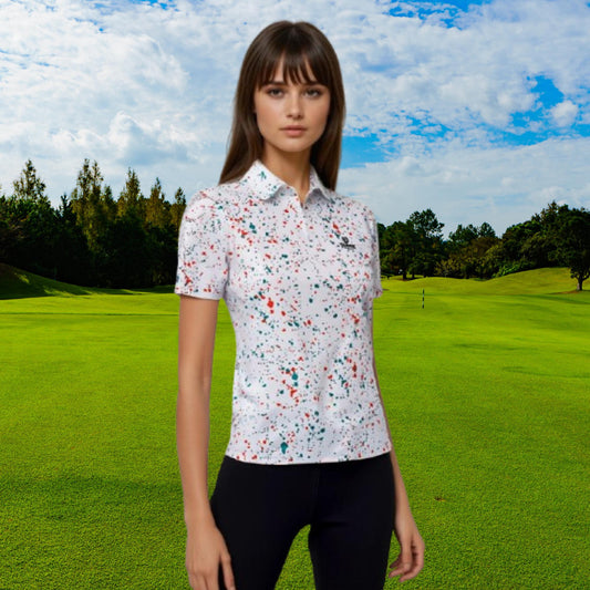 Aqua-orange paint splatter golf polo shirt for women