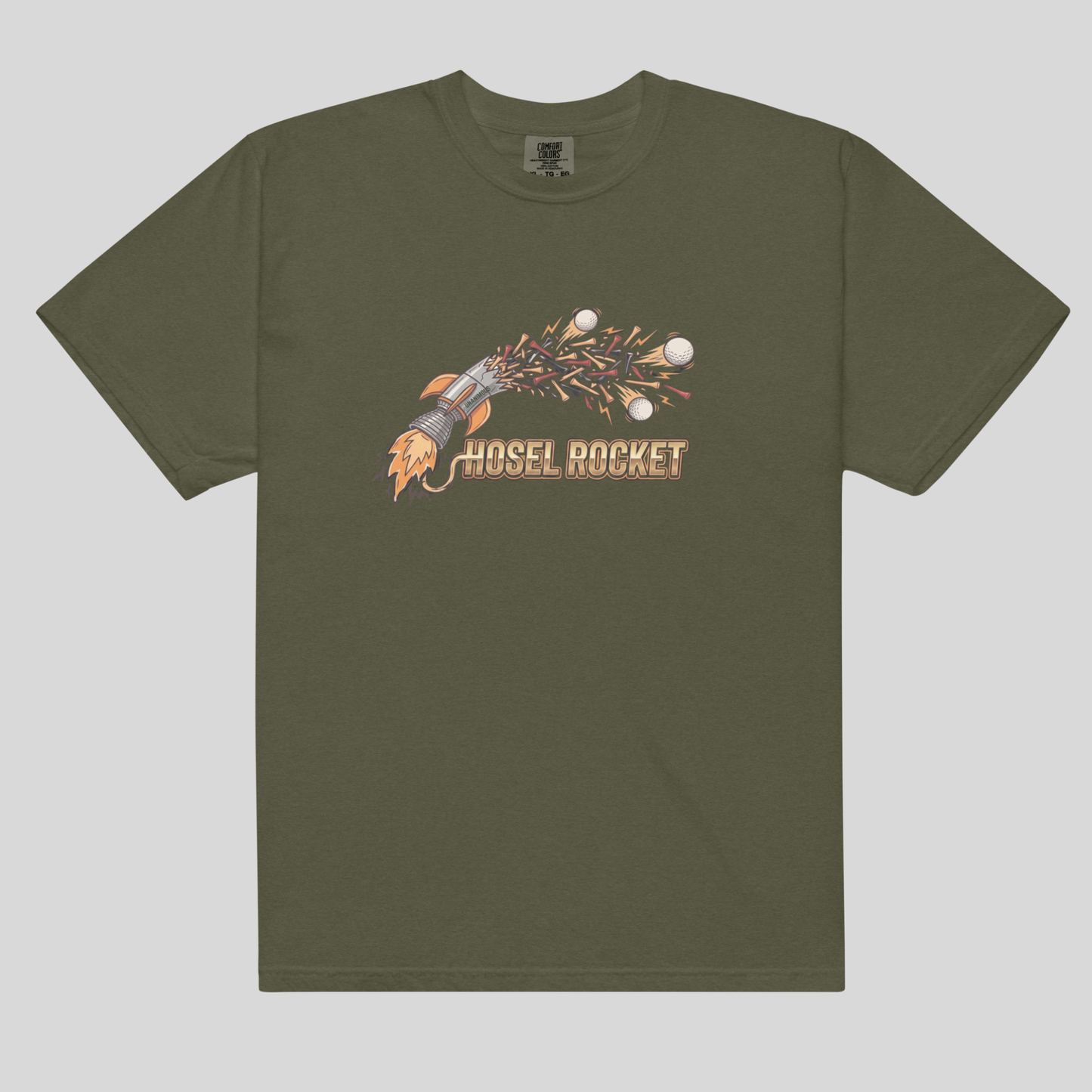 An sage green short-sleeve comfort colors 1717  t-shirt with a graphic of a rocket launching and the text 'HOSEL ROCKET' printed on the chest, displayed flat against a light gray background.