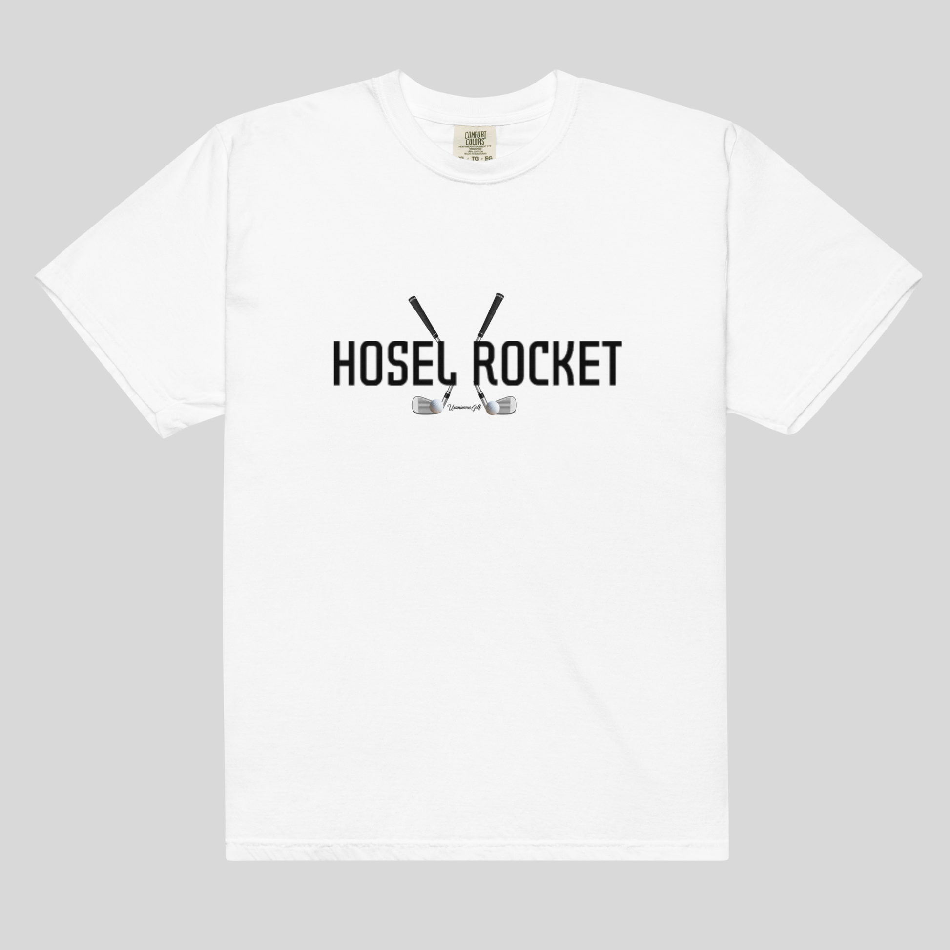A white short-sleeve crewneck t-shirt with a black graphic on the chest reading 'HOSEL ROCKET' above crossed golf clubs and a golf ball, displayed on a neutral gray background.