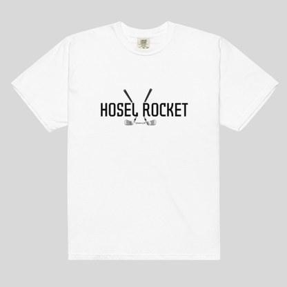 A white short-sleeve crewneck t-shirt with a black graphic on the chest reading 'HOSEL ROCKET' above crossed golf clubs and a golf ball, displayed on a neutral gray background.