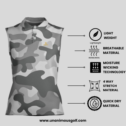 Grey Camo Sleeveless Golf Polo Shirt For Ladies